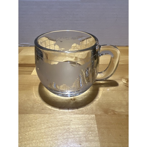 Vintage Nestle Nescafe Etched Glass World Globe Map Coffee Tea Mug